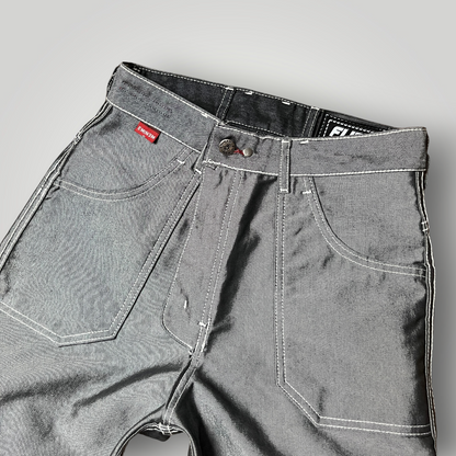 FUBU x Eminem Slim Shady "The Collection" Metallic Grey/Silver Denim Vintage 90's Y2K Hip-Hop Embroidered Reversible Carpenter Jeans !RARE!