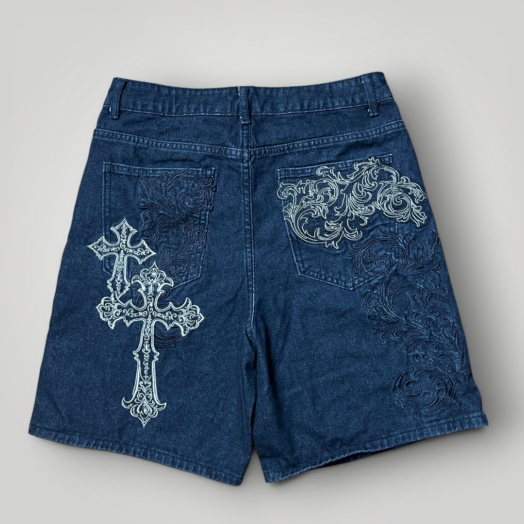 Romwe Y2K Goth Embroidered Denim Jorts
