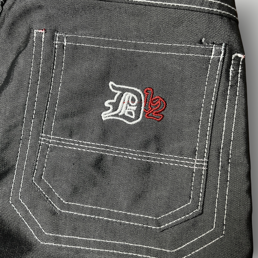 FUBU x Eminem Slim Shady "The Collection" Metallic Grey/Silver Denim Vintage 90's Y2K Hip-Hop Embroidered Reversible Carpenter Jeans !RARE!