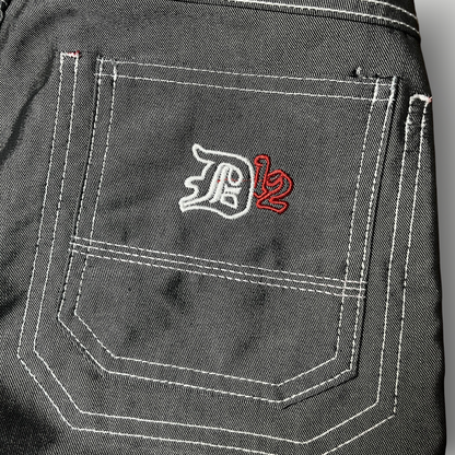 FUBU x Eminem Slim Shady "The Collection" Metallic Grey/Silver Denim Vintage 90's Y2K Hip-Hop Embroidered Reversible Carpenter Jeans !RARE!