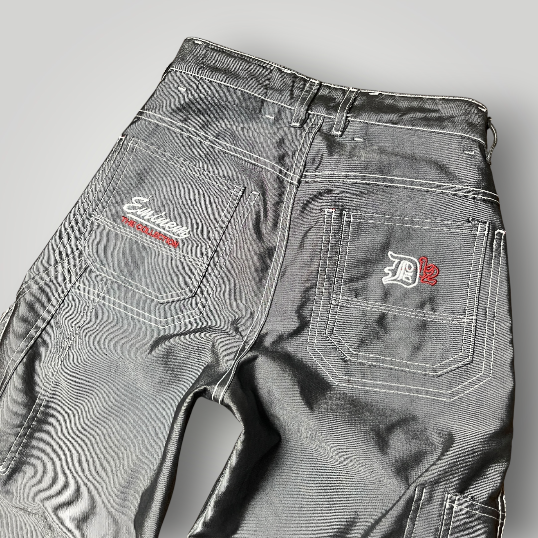 FUBU x Eminem Slim Shady "The Collection" Metallic Grey/Silver Denim Vintage 90's Y2K Hip-Hop Embroidered Reversible Carpenter Jeans !RARE!