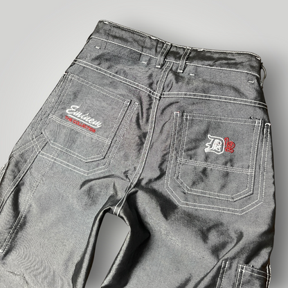 FUBU x Eminem Slim Shady "The Collection" Metallic Grey/Silver Denim Vintage 90's Y2K Hip-Hop Embroidered Reversible Carpenter Jeans !RARE!