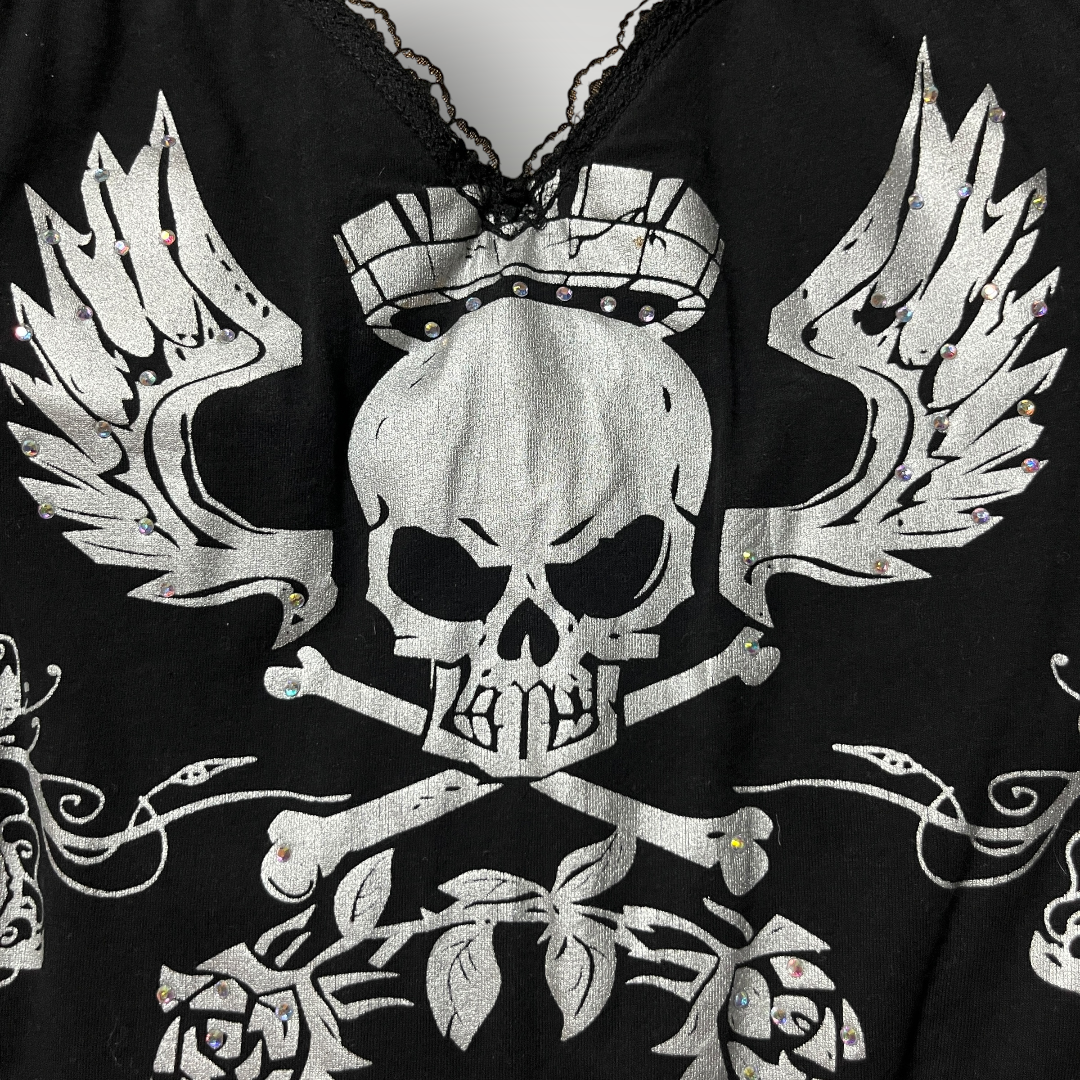 Kimikal Gothic Y2K Graphic Silver Skull Rhinestones Corset Top (Дамско)