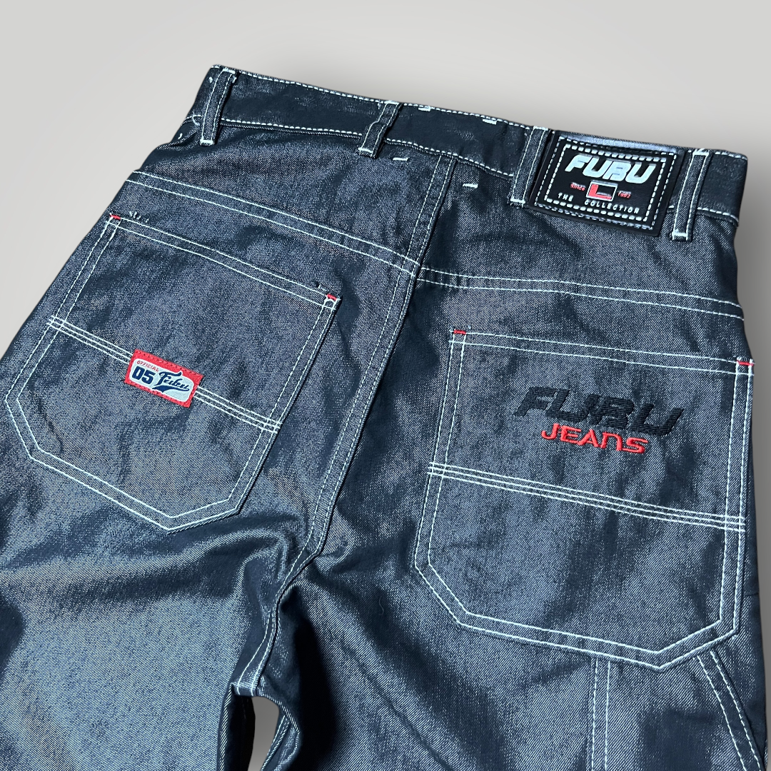 FUBU x Eminem Slim Shady "The Collection" Metallic Grey/Silver Denim Vintage 90's Y2K Hip-Hop Embroidered Reversible Carpenter Jeans !RARE!