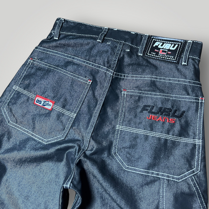 FUBU x Eminem Slim Shady "The Collection" Metallic Grey/Silver Denim Vintage 90's Y2K Hip-Hop Embroidered Reversible Carpenter Jeans !RARE!