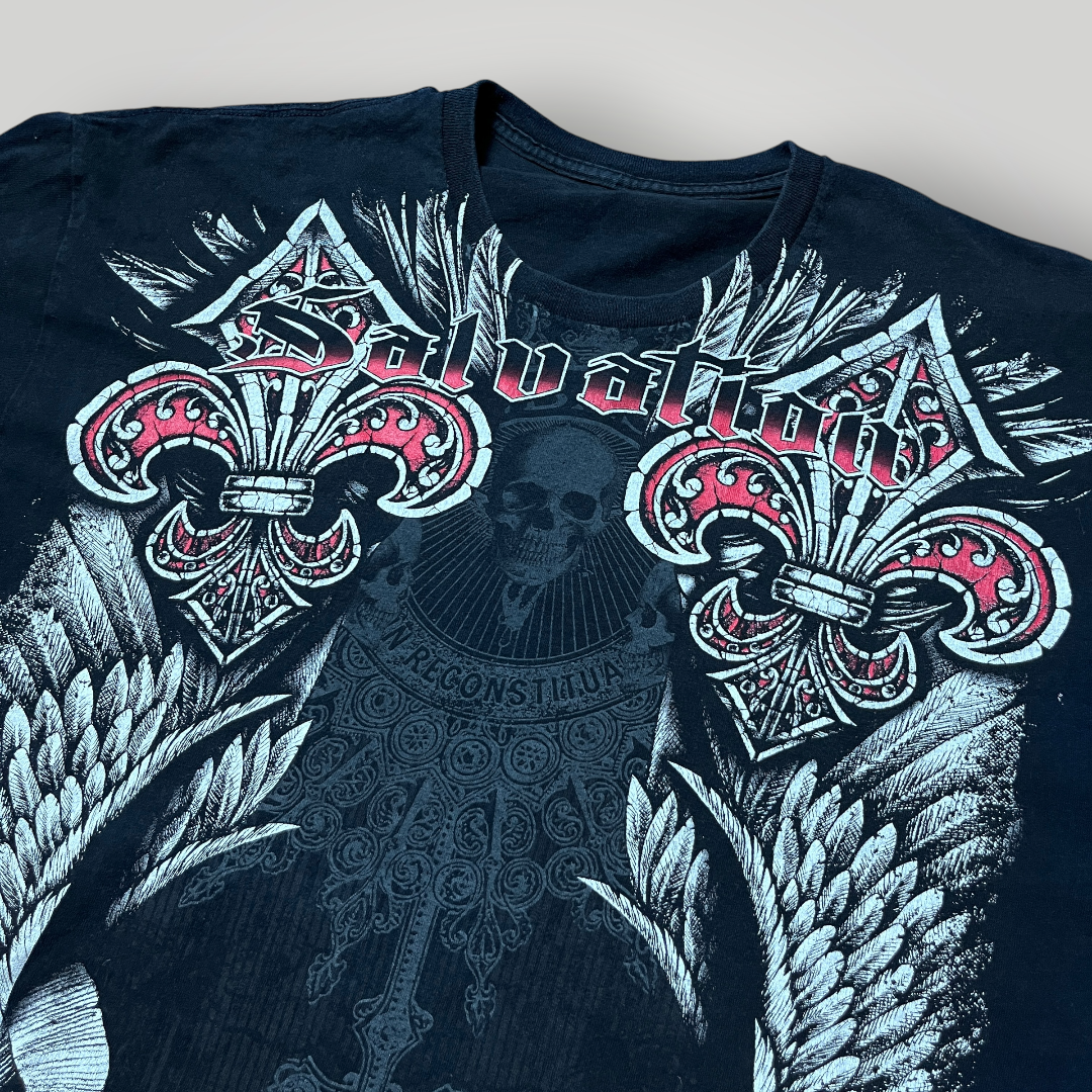 Salvation Vintage 2000's Y2K Cyber Goth Grunge Heavy Cotton Tubular Knit Affliction Style Graphic T-Shirt