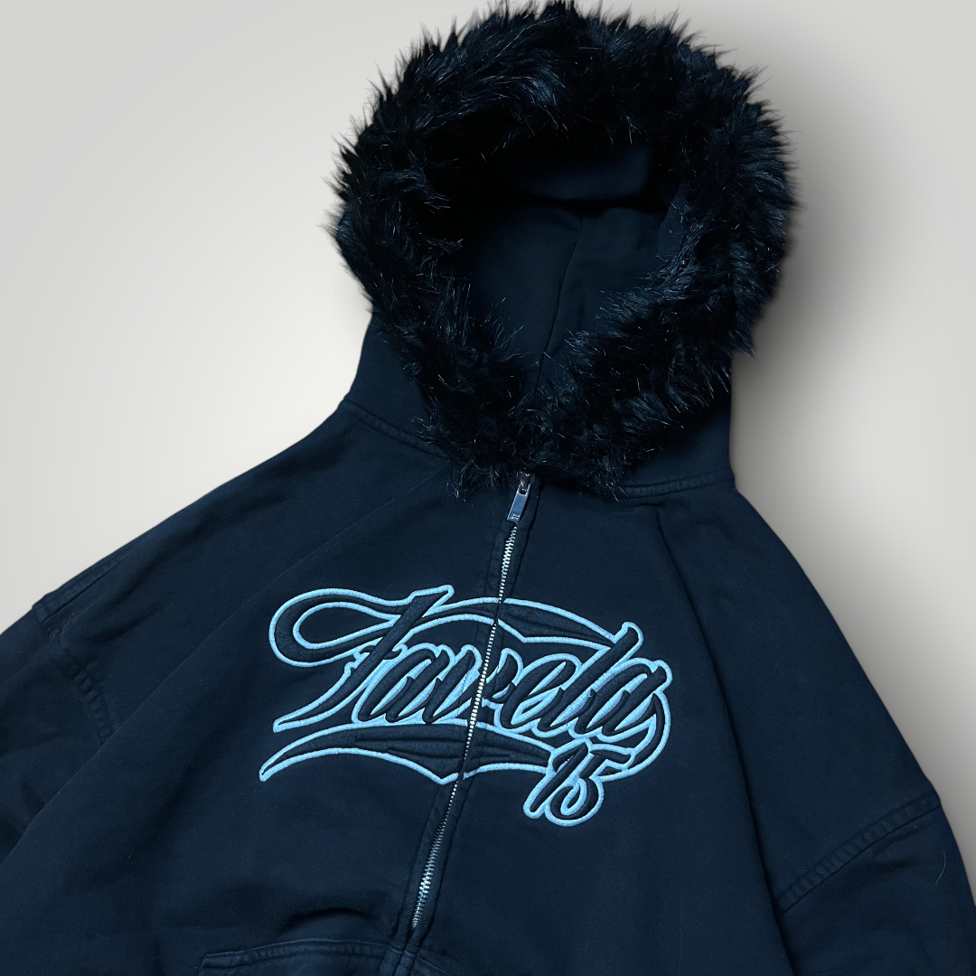 Favela Y2K Skater Baggy Faded Grunge Hip-Hop Emo Heavy Cotton Embroidered Zip-Up Fur Hoodie