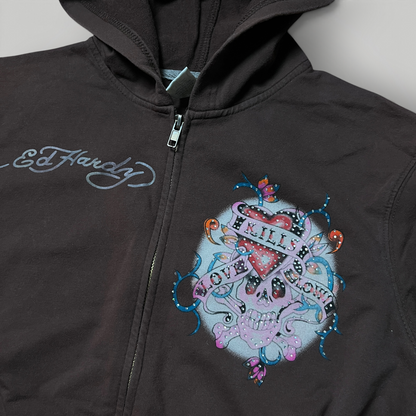 Ed Hardy x Christian Audiger Vintage 2000's Y2K "Love Kills Slowly" Brown Graphic Zip-Up Hoodie (Дамско)