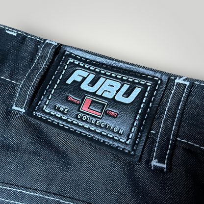 FUBU x Eminem Slim Shady "The Collection" Metallic Grey/Silver Denim Vintage 90's Y2K Hip-Hop Embroidered Reversible Carpenter Jeans !RARE!