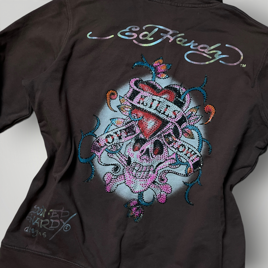 Ed Hardy x Christian Audiger Vintage 2000's Y2K "Love Kills Slowly" Brown Graphic Zip-Up Hoodie (Дамско)