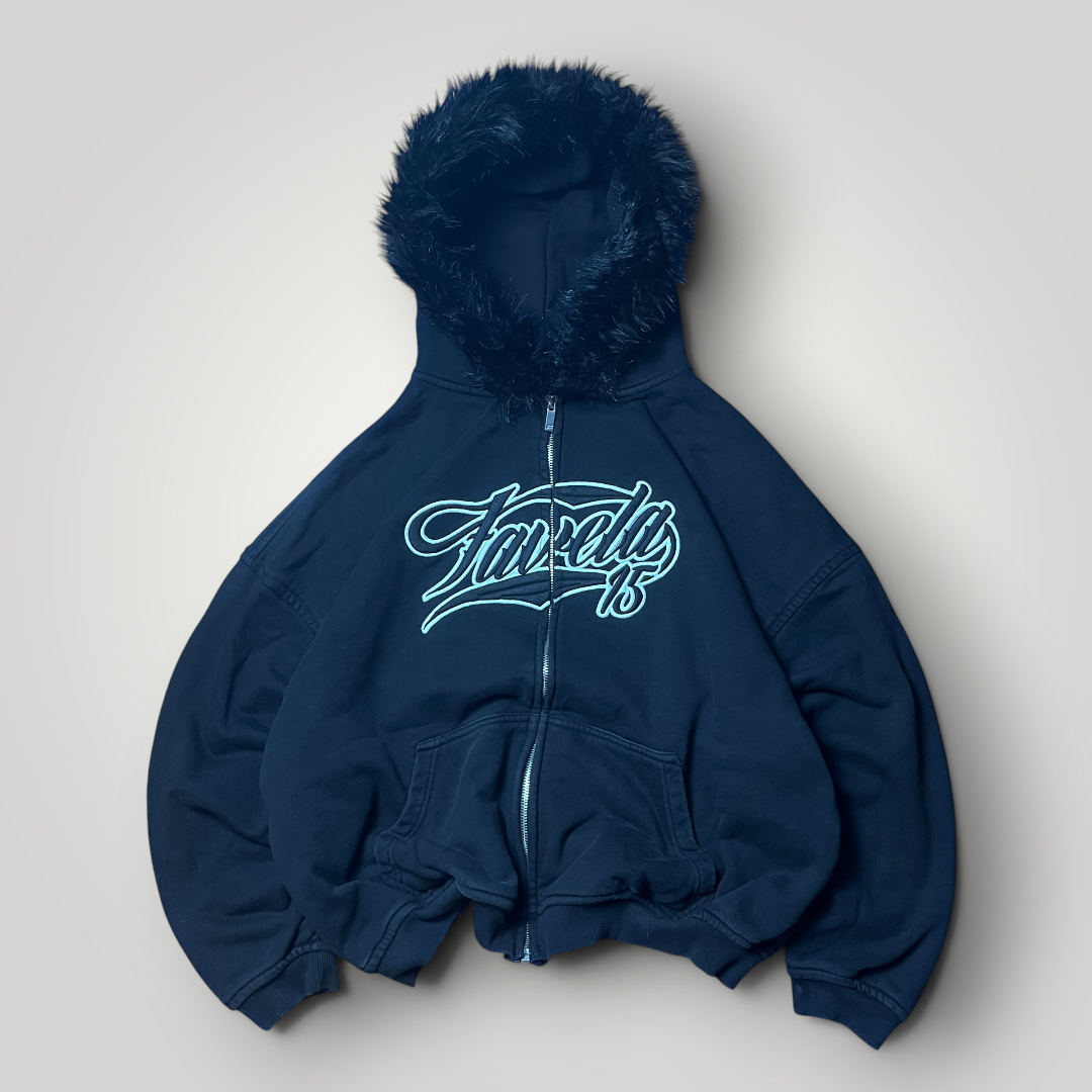 Favela Y2K Skater Baggy Faded Grunge Hip-Hop Emo Heavy Cotton Embroidered Zip-Up Fur Hoodie