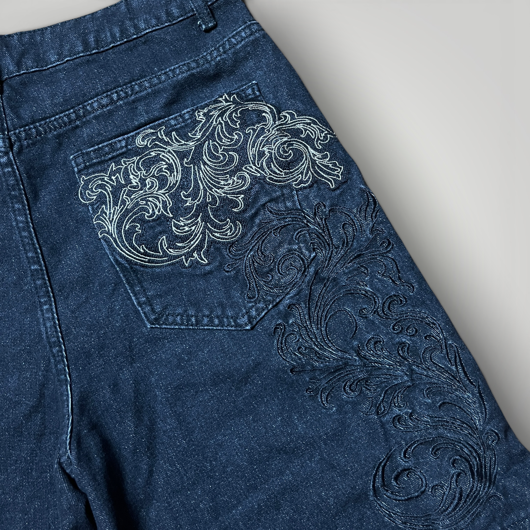 Romwe Y2K Goth Embroidered Denim Jorts