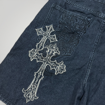 Romwe Y2K Goth Embroidered Denim Jorts