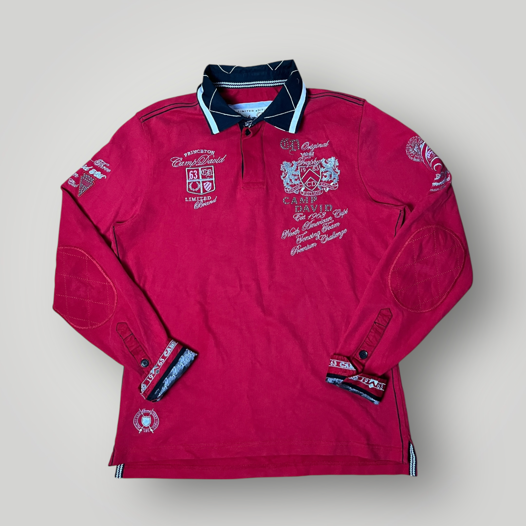 Camp David Limited Edition Y2K Biker Luxury Embroidered Long Sleeve Polo Shirt