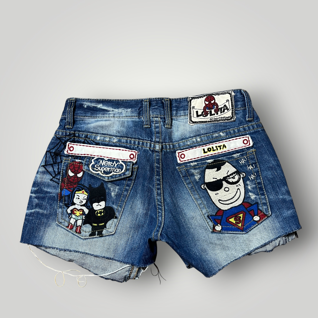 Yoshitomo Nara x Lolita Jeans "Nerdy Superman" Vintage 2000's Y2K Denim Shorts (Дамско)